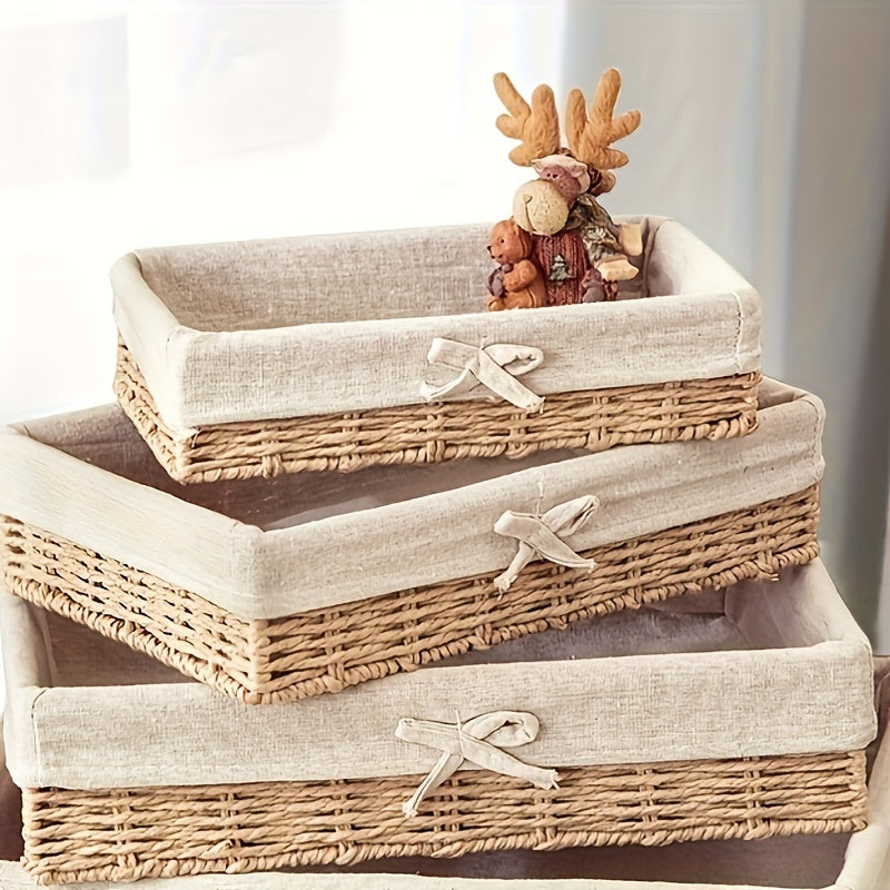 3pcs/set Hand-woven Basket, Weaving Storage Basket, Storage Tray, Household Snacks And Cosmetics Storage Box, Desktop Decorative Storage Basket, Home Organization And Storage For Bathroom Living Room Bedroom Dorm, Room Decor, Home Decor