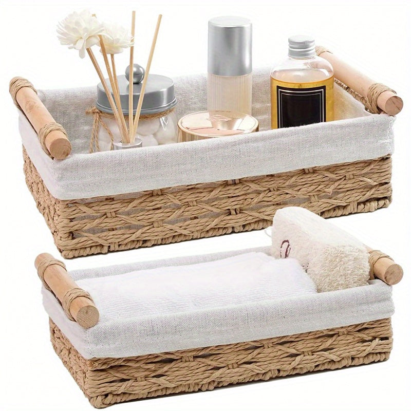 Set of 2 Rectangular Wicker Basket with Handle, Roll Paper Storage Basket, Decorative Storage Basket for Countertop, Toilet Paper Basket, Small Sundries Storage Basket Set (Beige) Home Organization and Storage, Home Decor, Shelf Baskets